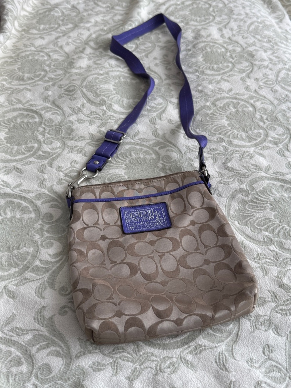Coach Taupe Signature Crossbody with Purple Trim and Strap